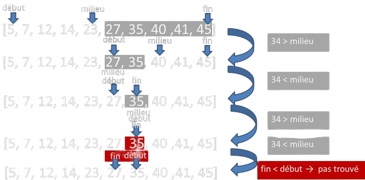 Recherche dichotomique de 34 dans le [5, 7, 12, 14, 23, 27, 35, 40 ,41, 45]