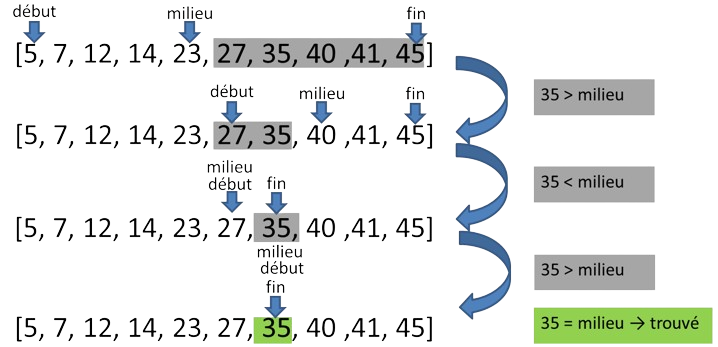 Recherche dichotomique de 35 dans le [5, 7, 12, 14, 23, 27, 35, 40 ,41, 45]
