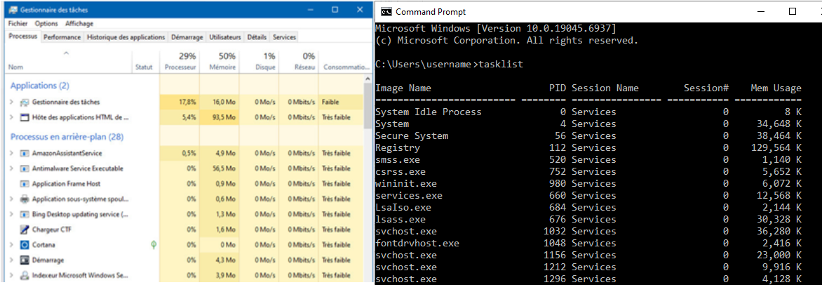 Le gestionnaire de tâches et la commande tasklist sous Windows