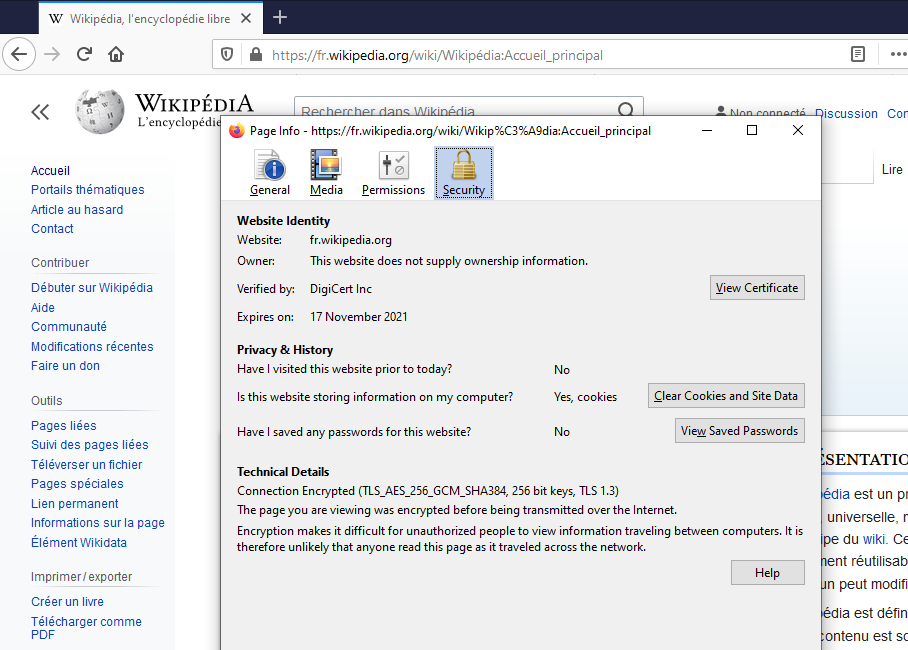 Certificat de la page wikipedia sur Firefox